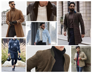 men wearing long coat - puffer jacket - athleisure outfit - rugged look - turtleneck - chunky knit