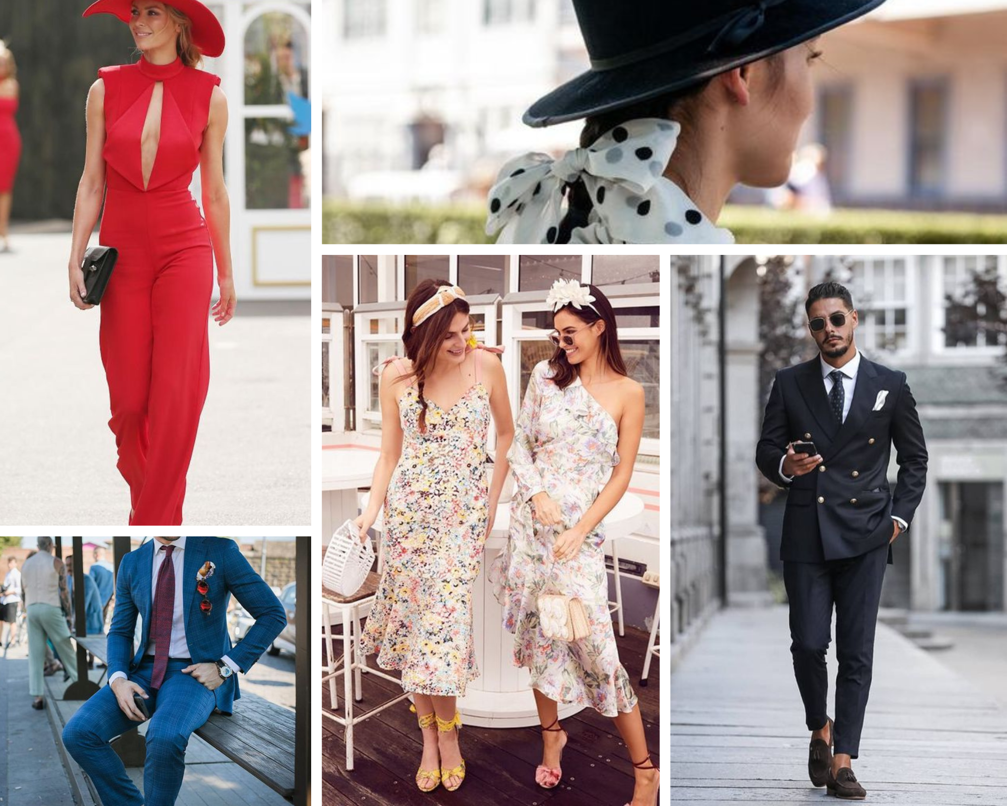 Melbourne Cup Carnival fashion - red jumpsuit - floral dress - suit and tie - hat - polka dots - men and women