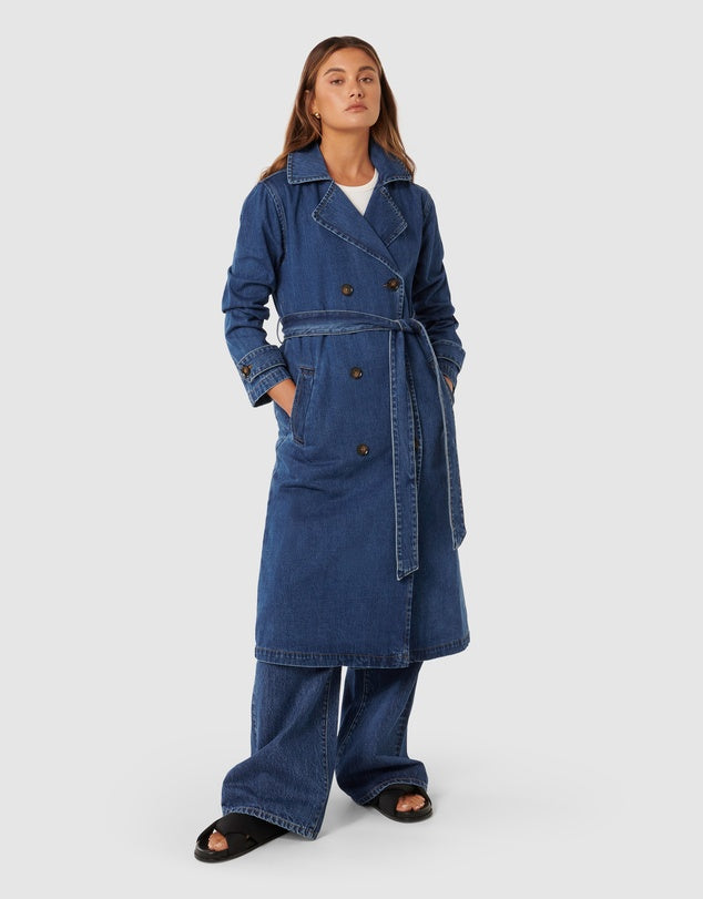 Belted denim trench coat for day to night