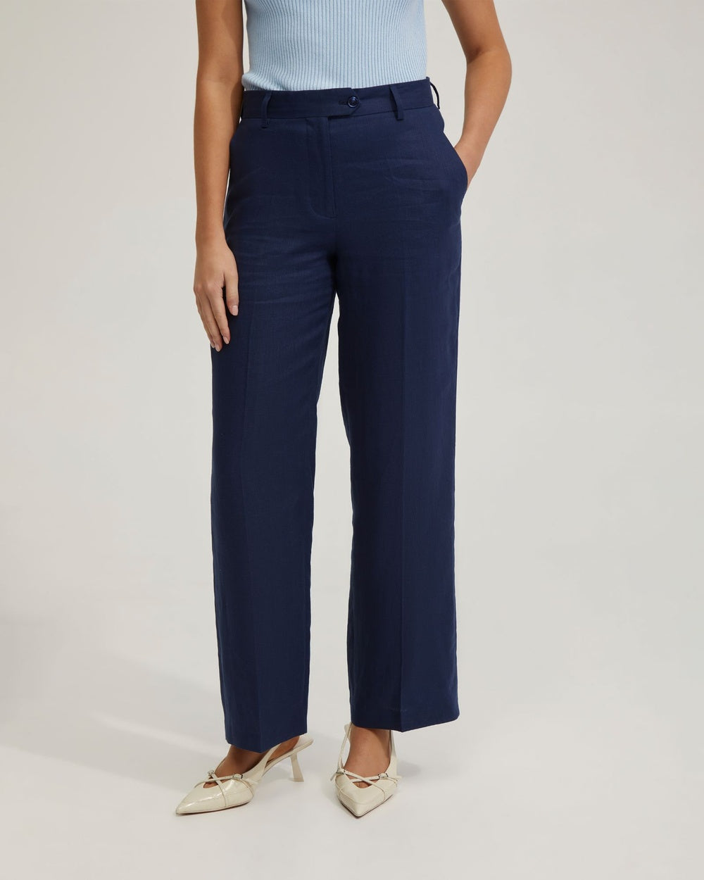 Adjustable Waist 100% Linen Pants - (Navy) - mid rise and perfect with any blouse, shirt, blazer and or coat.