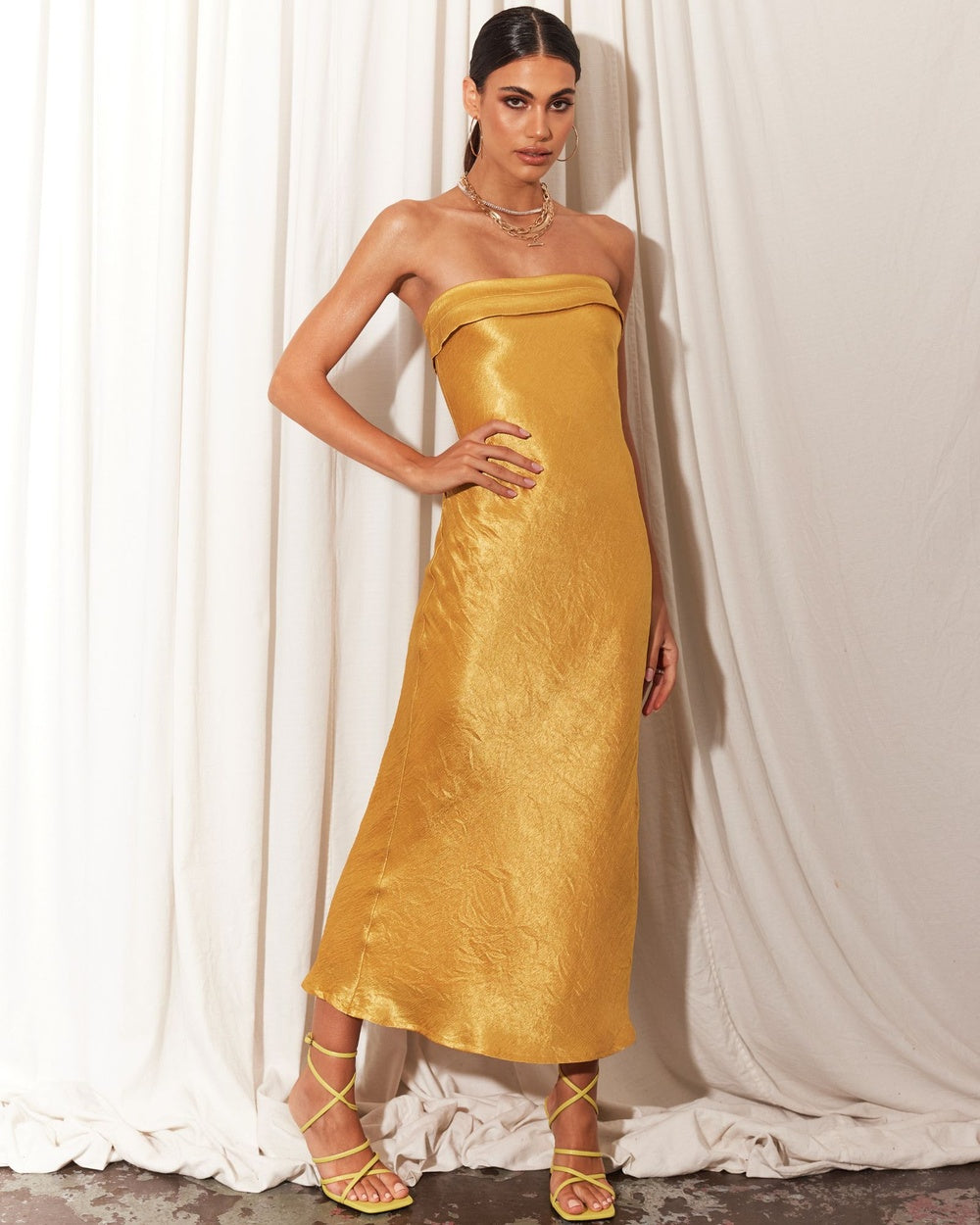 Alternate Gold Dress: Sleeveless slip dress.