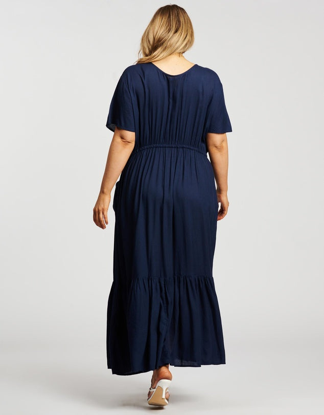 A great maxi dress for the warm weather. This one you would wear the waistline super high and cinch in the drawcord.