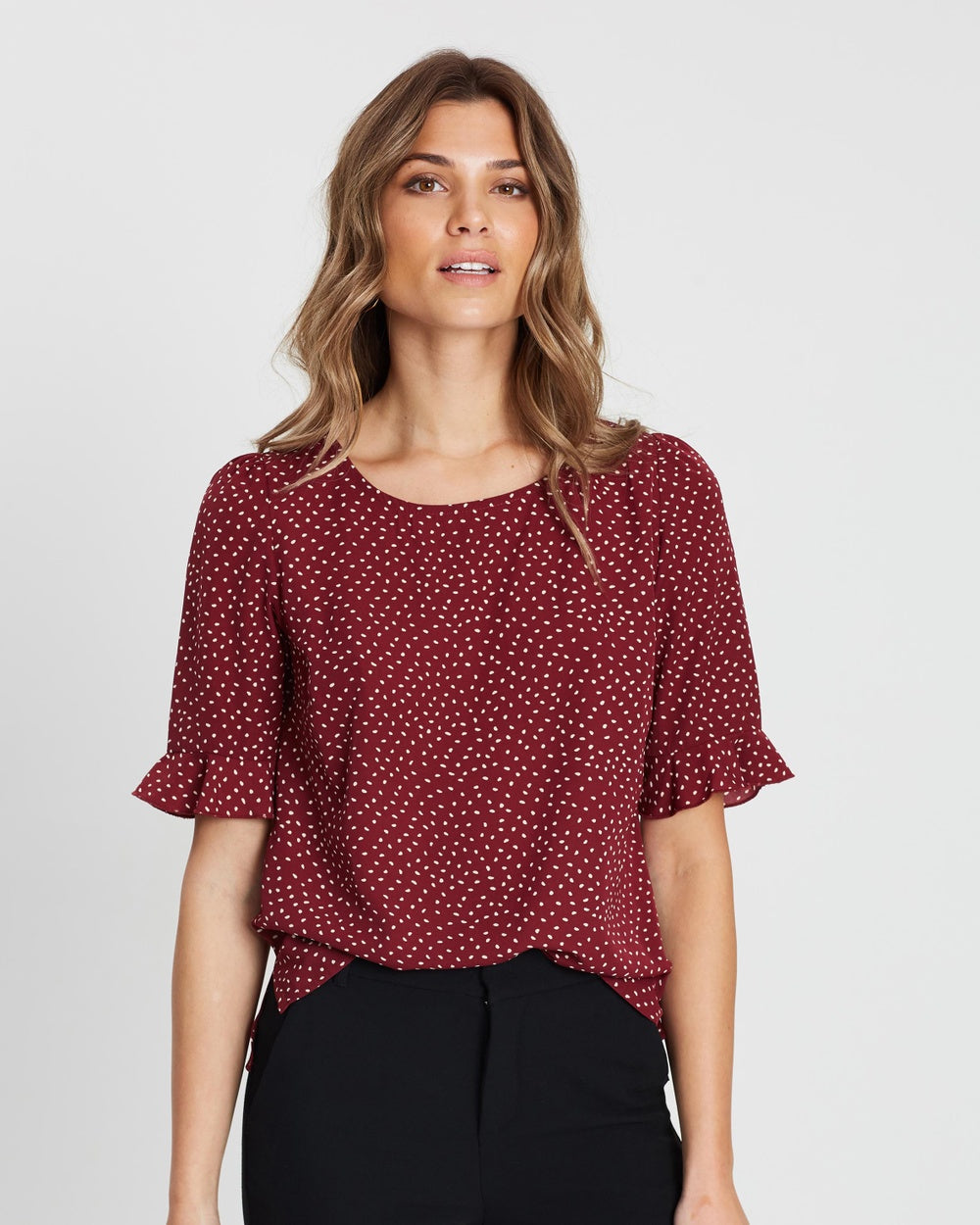 Beautiful blouse with burgandy and white spot - versatile with a jacket or on its own