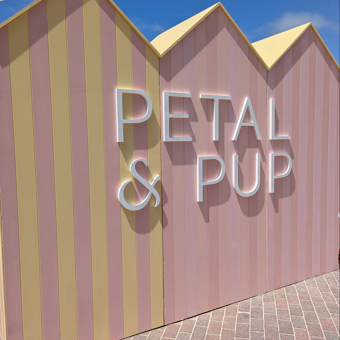 Striped building with 'Petal & Pup' branding against a blue sky.