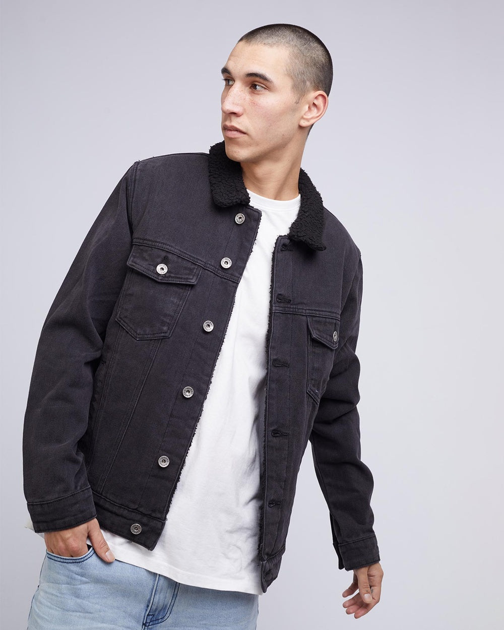 A warmer casual sherpa jacket for a smart casual winter look (washed black)