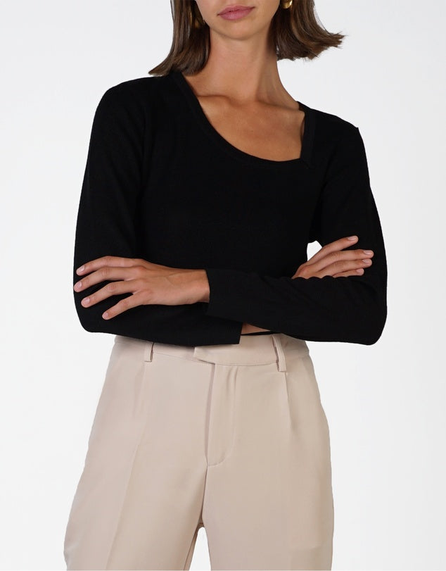 Black long sleeve knit top with Assymetric neckline.