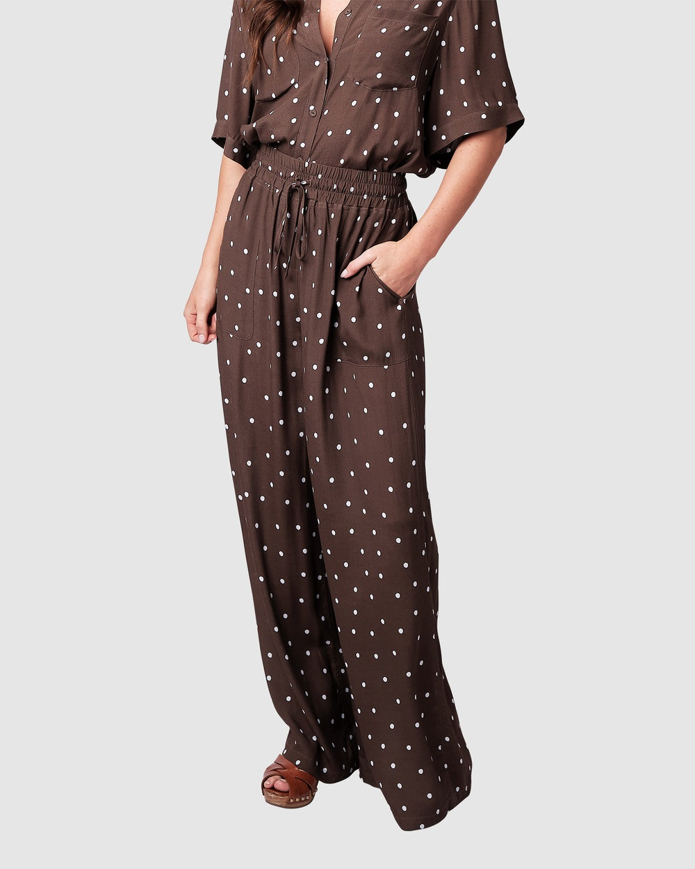 Matching pants that you can wear as aa set or separately paired with a basic white tank top or the drape asymmetric top for a dressier tonal look