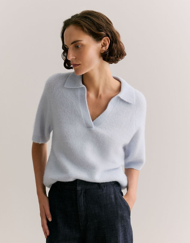 Alpaca Merino Blend Polo to wear both casually with jeans or to work. This powder blue will look amazing with the chocolate brown tones