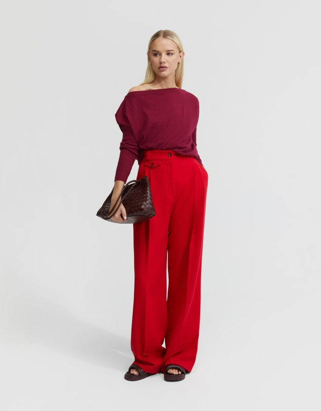 Boatneck Red Top. Red is such a great colour this season, and this is a fantastic knit to pair with your new skirt and jeans.