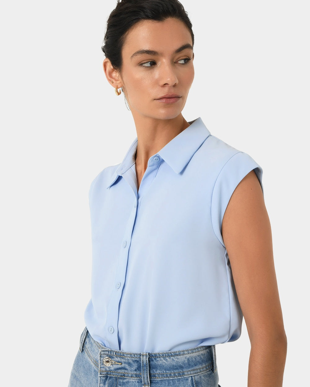 Cap Sleeve Shirt in light blue. Pair with either your new pink skirt or blue pants.