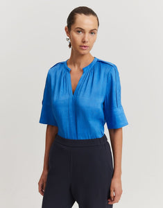3/4 sleeve Popover Top in cobalt blue, fabricated from linen and silk