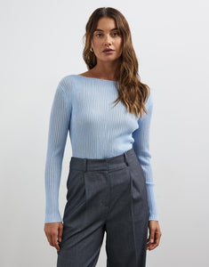Arctic Blue Ribbed long sleeve shirt. Pair in with any of the pants or skirts.